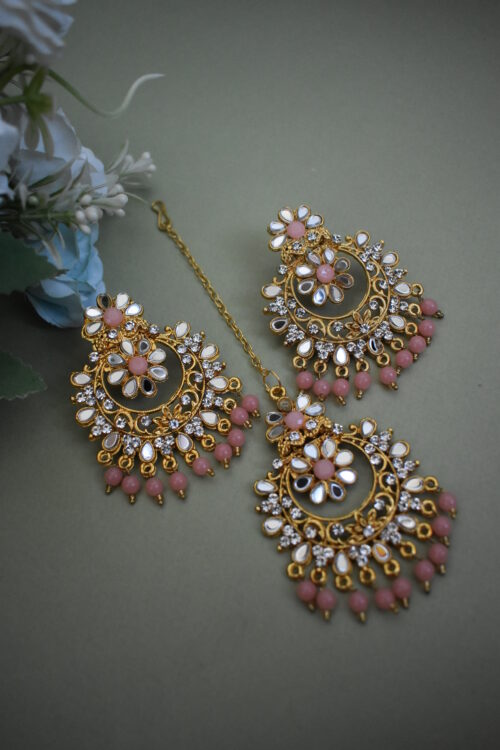 Gold Toned Mirror Studded Earrings Set