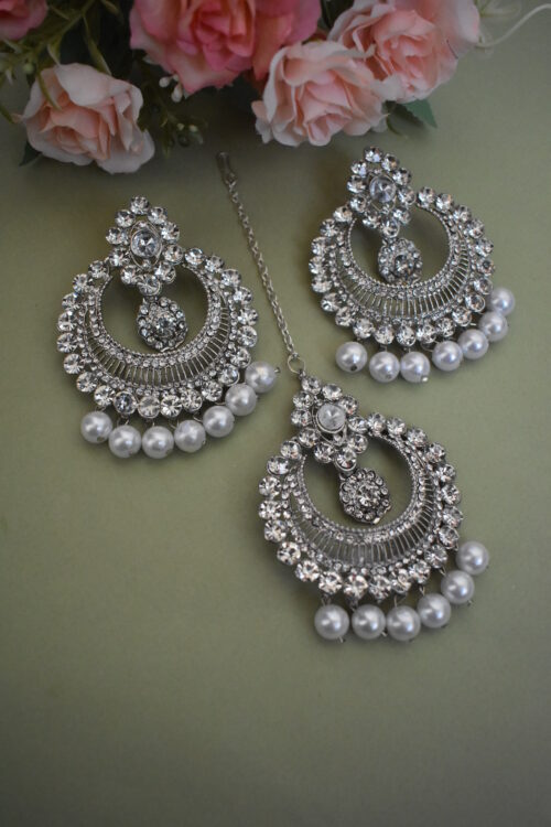 Silver Stones And Pearl Studded Earrings Set