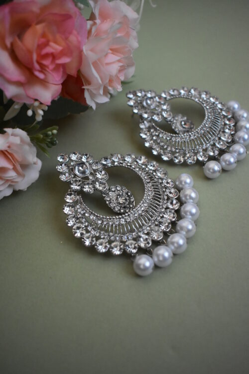 Silver Stones And Pearl Studded Earrings Set