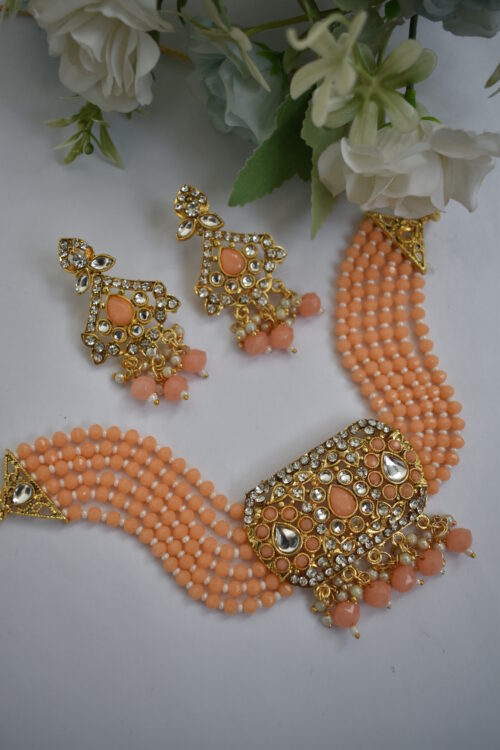 Gold Toned Beads Stone Studded Choker Set