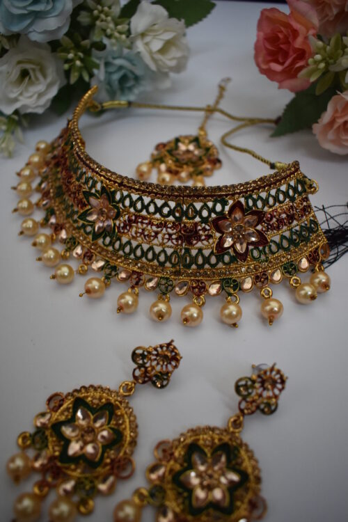 Red And Green Gold Plated Necklace Set