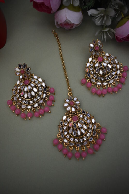 Gold Plated Mirror Studded beaded earring set