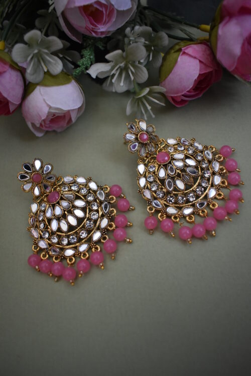 Gold Plated Mirror Studded beaded earring set