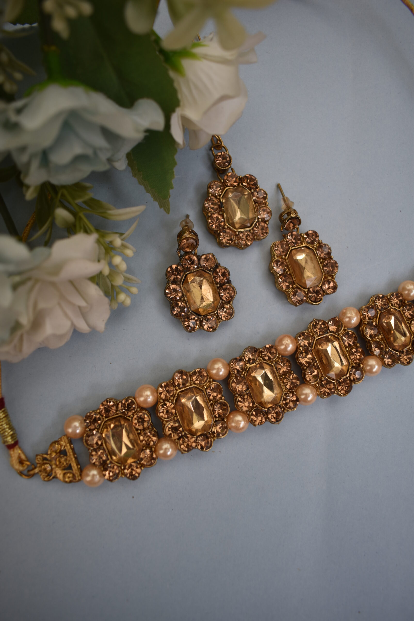 Shinning Stone Studded Gold Crystal Choker Set