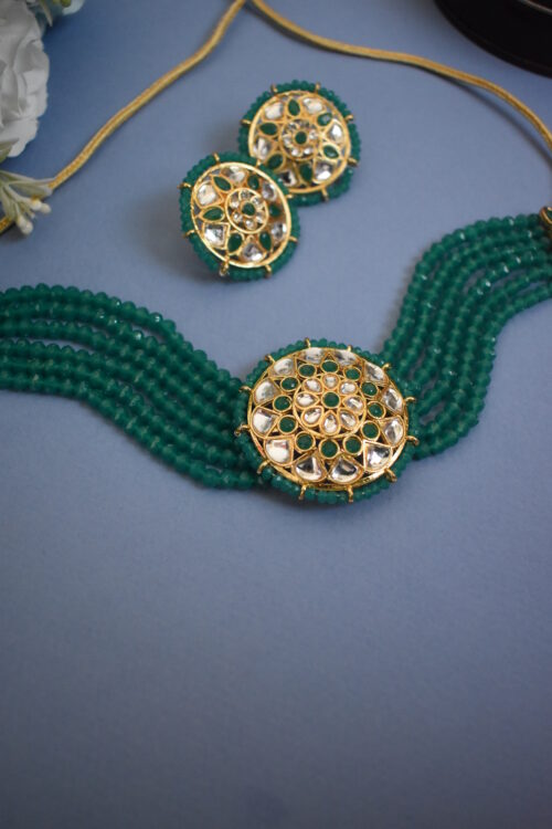 Green Color White Kundan Choker Set with Earrings