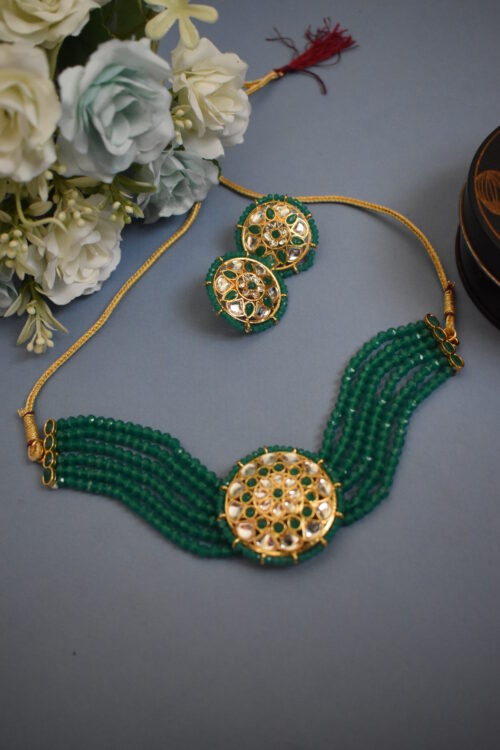 Green Color White Kundan Choker Set with Earrings