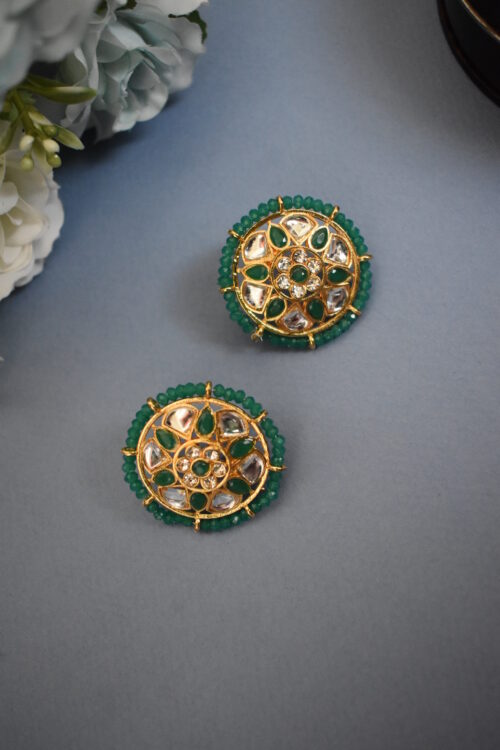 Green Color White Kundan Choker Set with Earrings