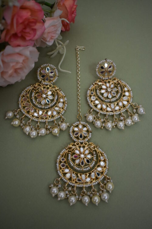 Beautiful Mirror And Pearl Studded Earrings With Maang Tikka