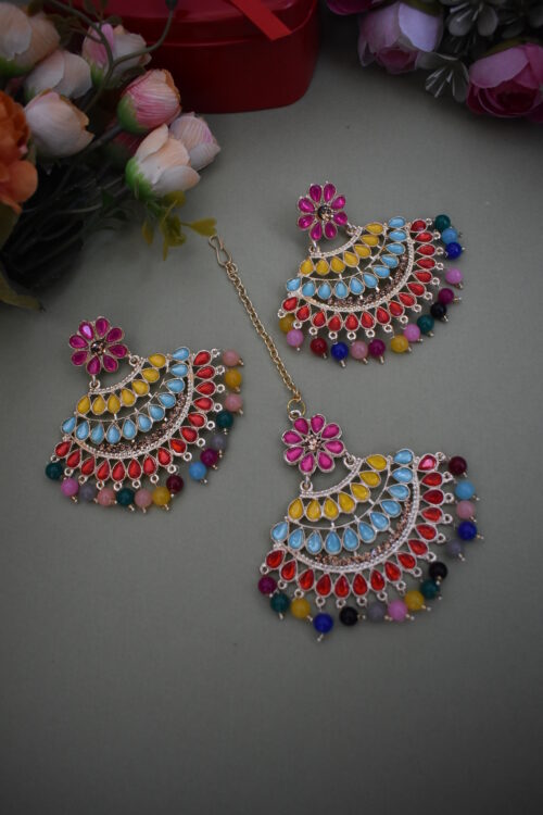 Beautiful Multi Color Stone Studded Earrings Set With Maang Tikka
