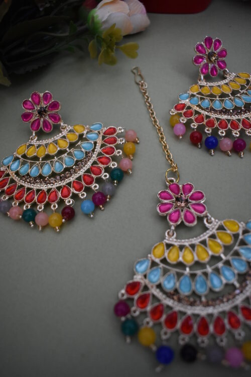 Beautiful Multi Color Stone Studded Earrings Set With Maang Tikka