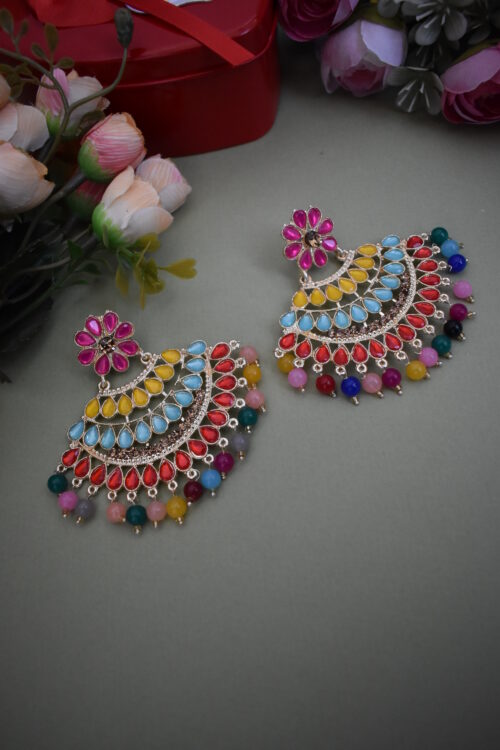 Beautiful Multi Color Stone Studded Earrings Set With Maang Tikka