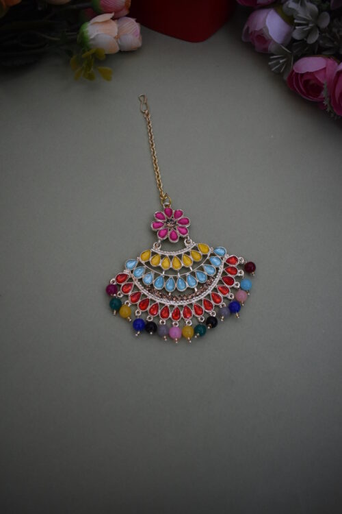 Beautiful Multi Color Stone Studded Earrings Set With Maang Tikka