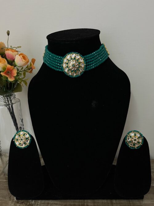 Green Color White Kundan Choker Set with Earrings