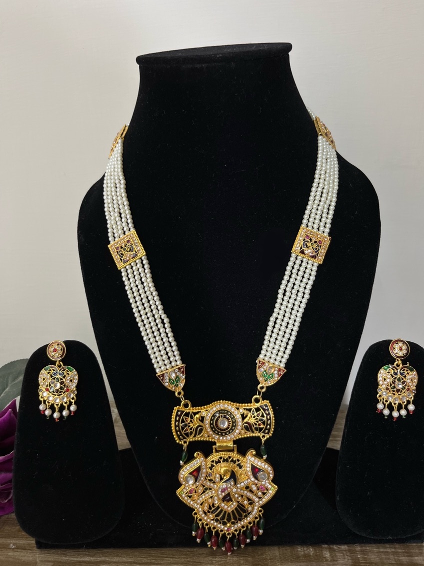 Traditional Peacock Design Meenakari Long Necklace Set