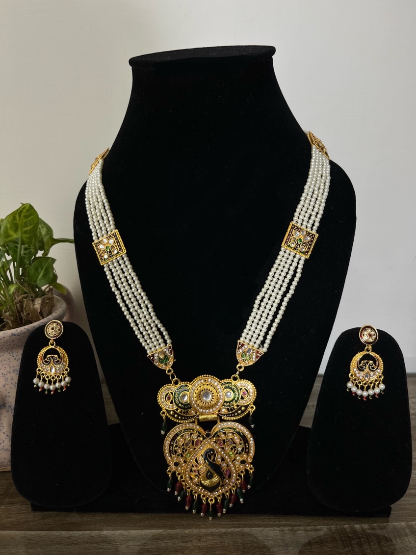 Peacock Design Meenakari And Beads Long Necklace Set
