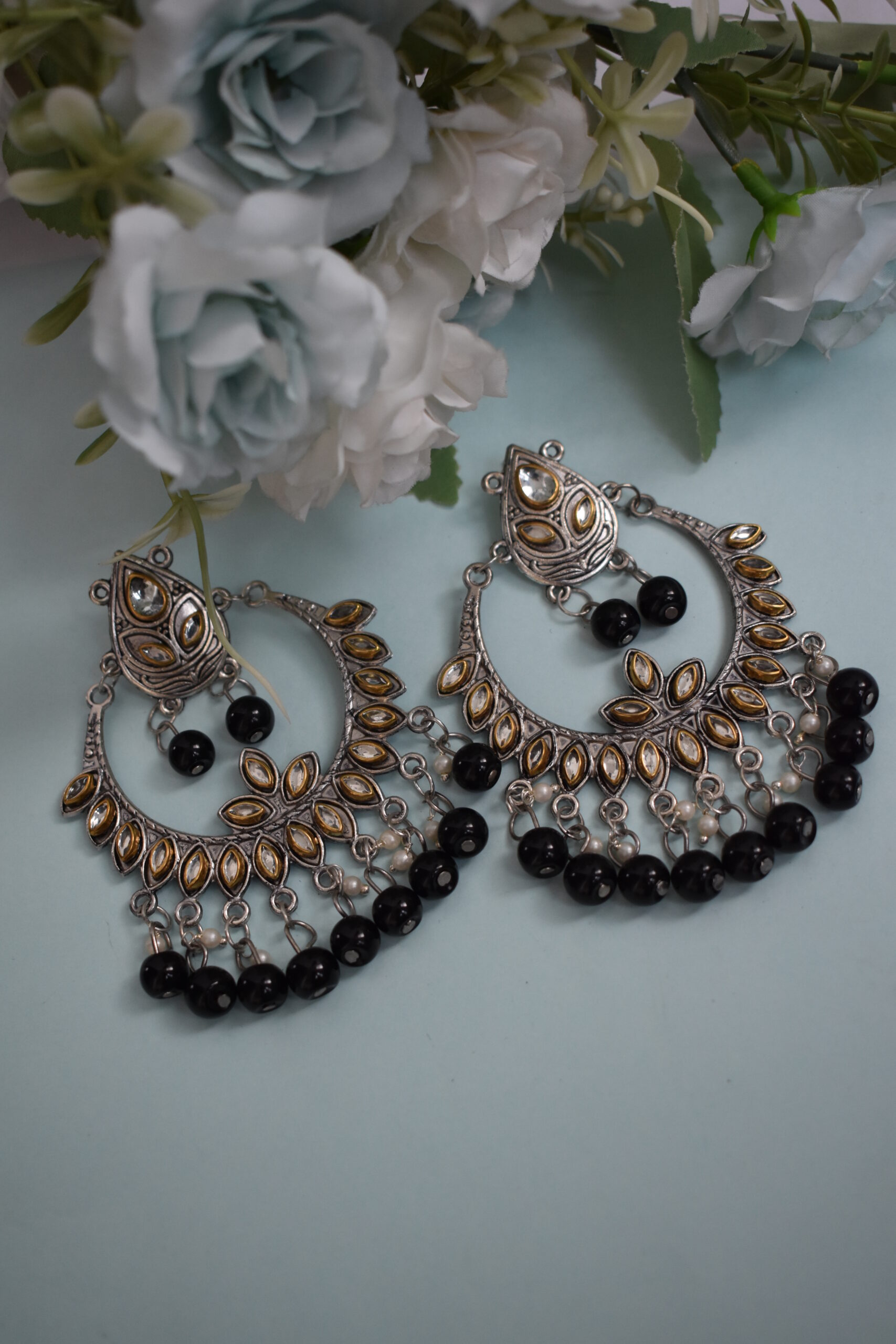 Beautiful Oxidised German Silver Pearl & Mirror Chandbali Earrings