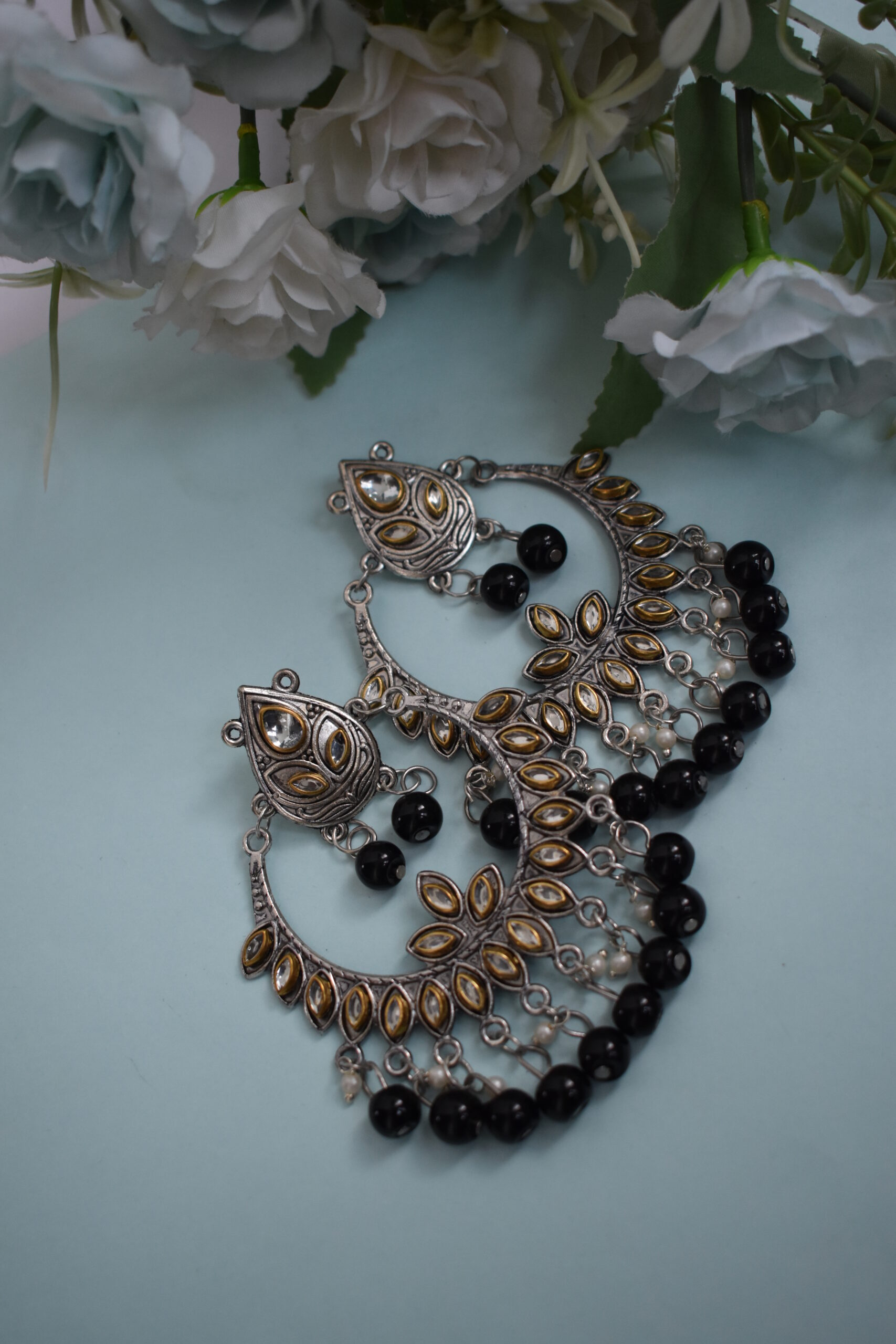 Beautiful Oxidised German Silver Pearl & Mirror Chandbali Earrings