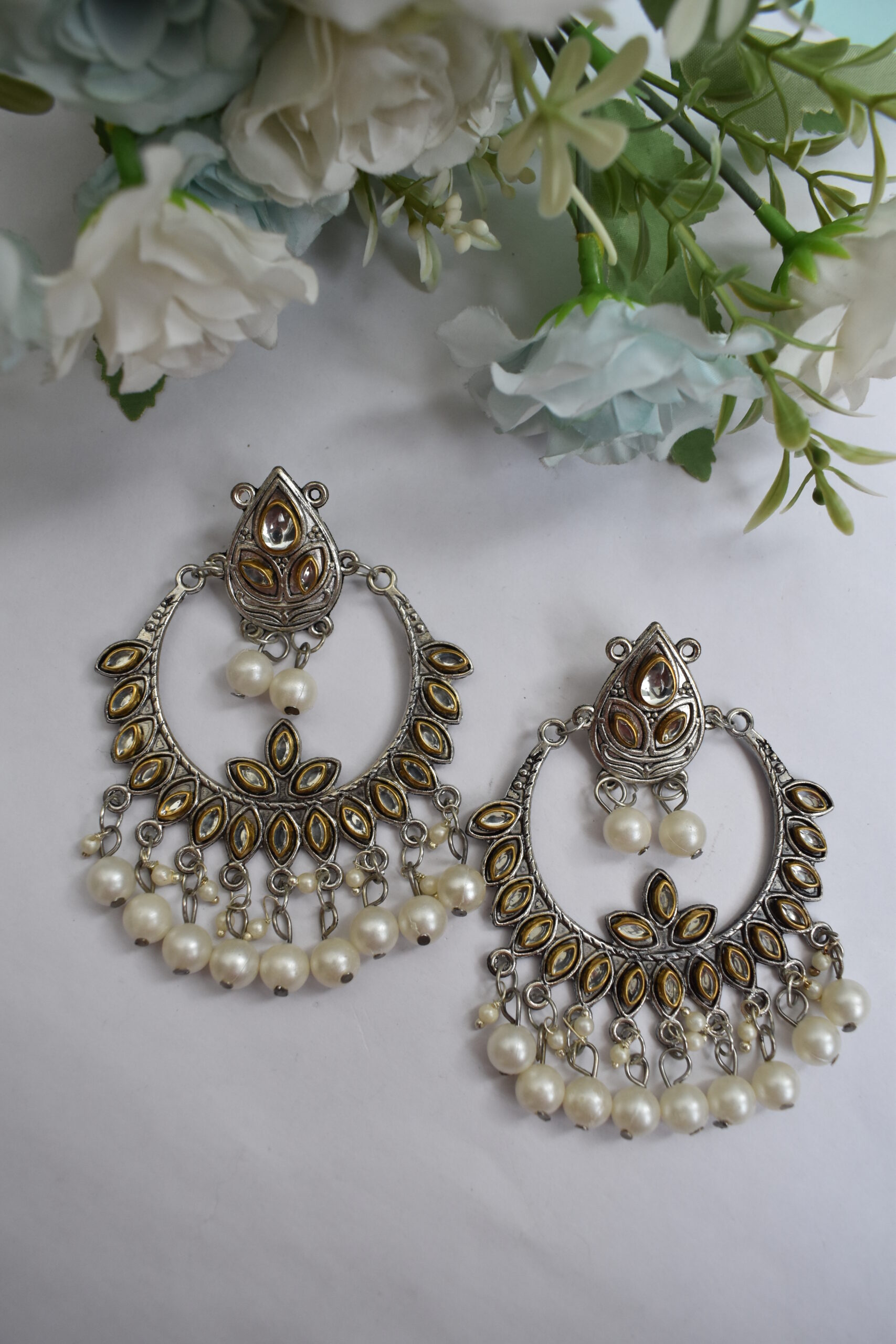 Beautiful Oxidised German Silver Pearl & Mirror Chandbali Earrings
