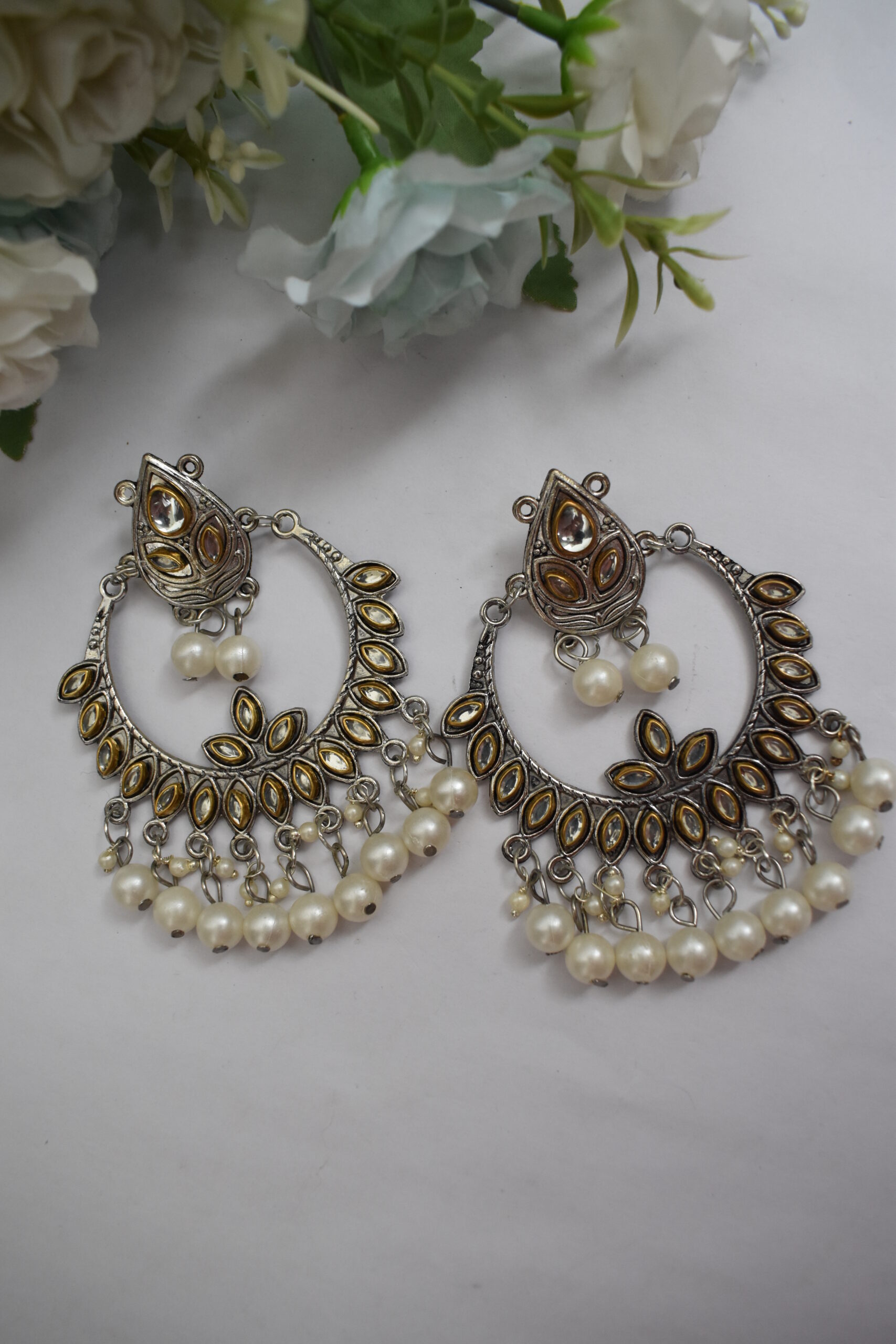Beautiful Oxidised German Silver Pearl & Mirror Chandbali Earrings