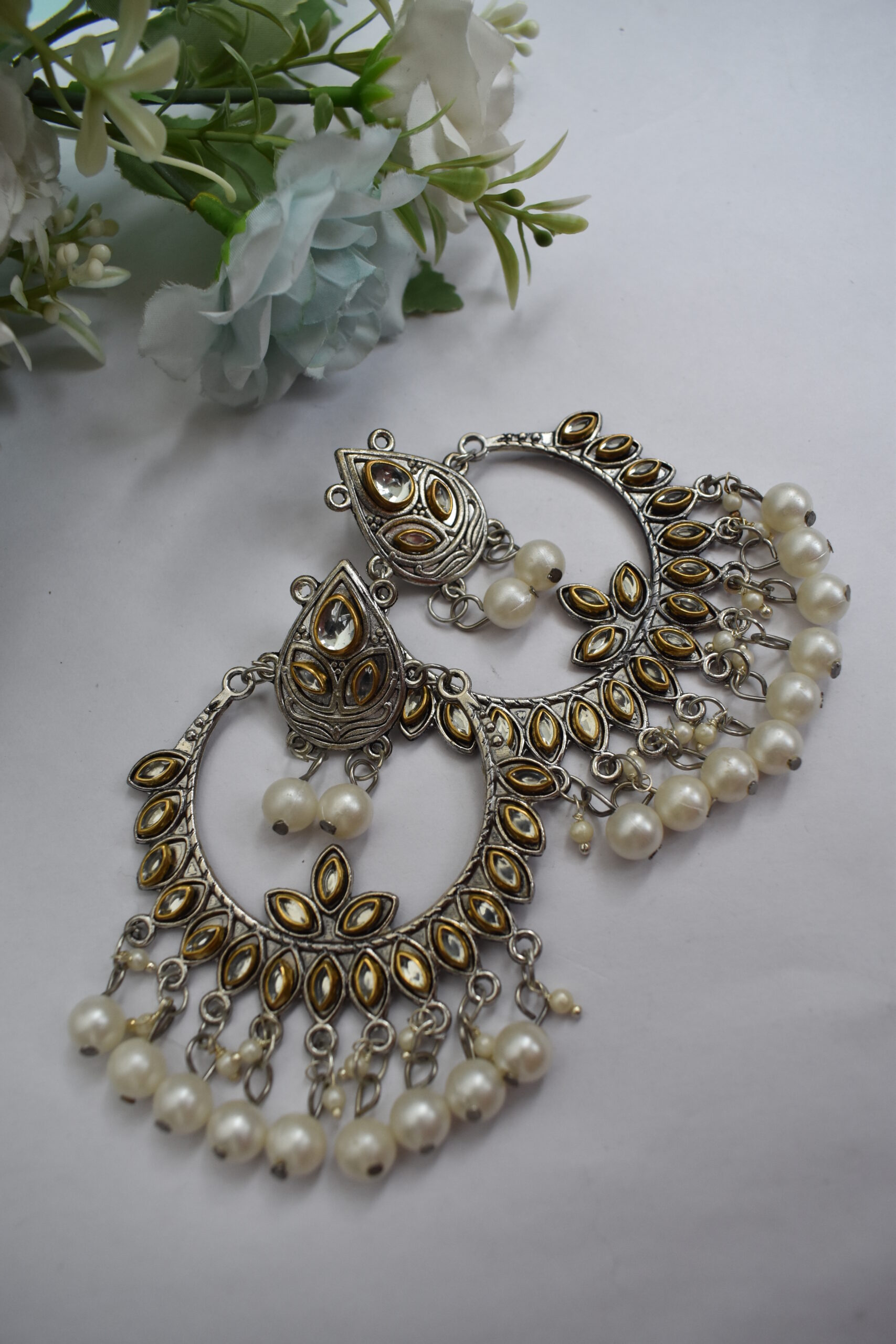 Beautiful Oxidised German Silver Pearl & Mirror Chandbali Earrings