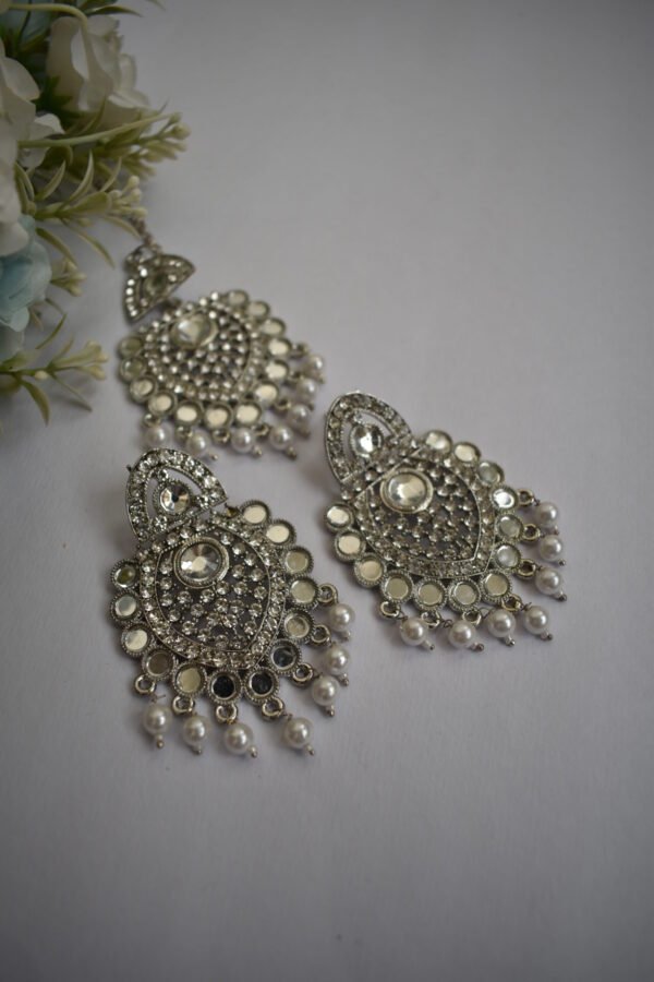 Mirror And Pearl Studded Silver Earrings Set