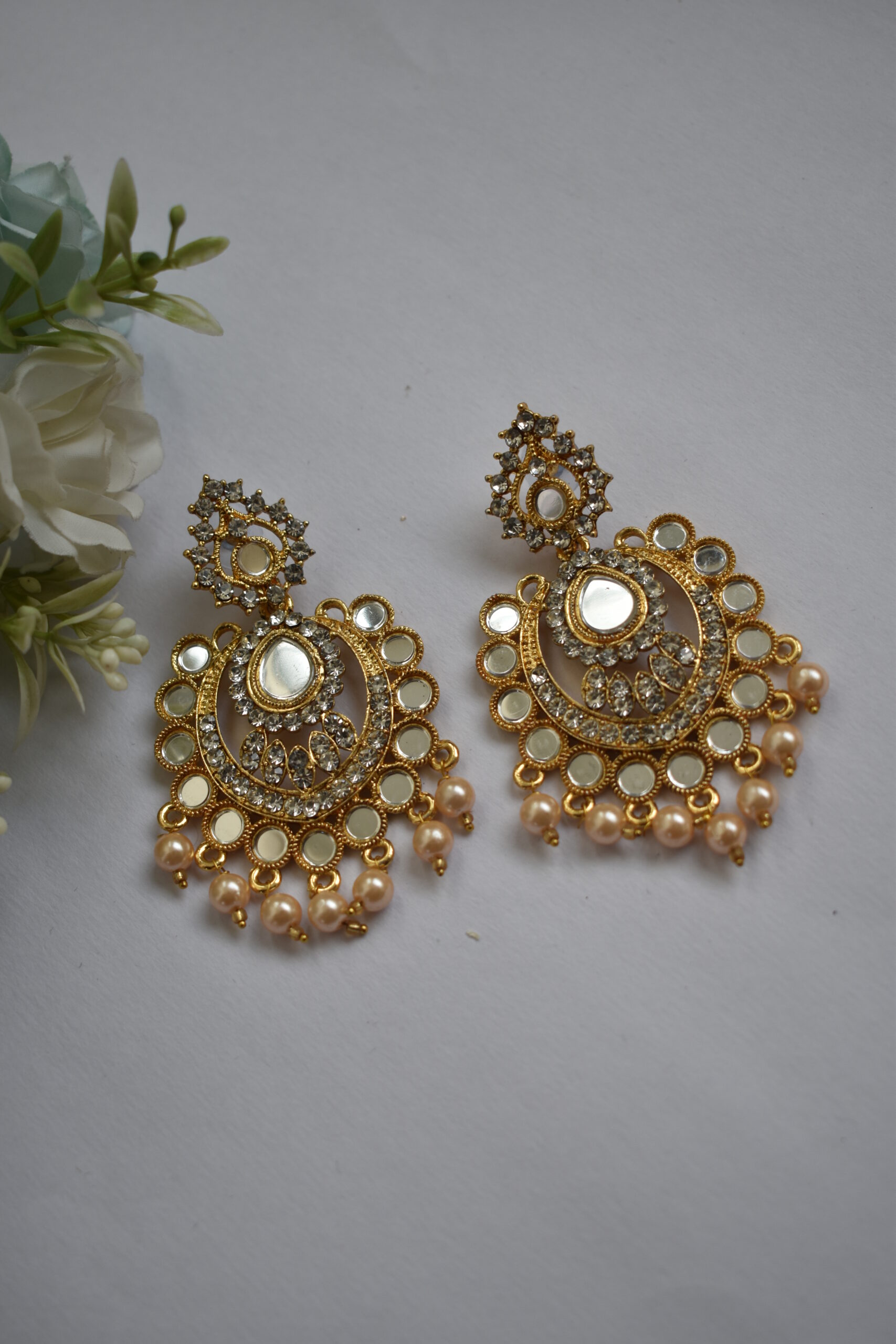 Golden Mirror And Pearl Studded Earring Set