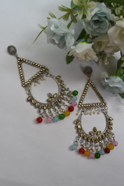 Beautiful Oxidised German Silver Pearl & Mirror Multicolor Chandbali Earrings