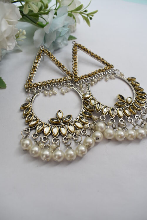 Beautiful Oxidised German Silver Pearl & Mirror Chandbali Earrings