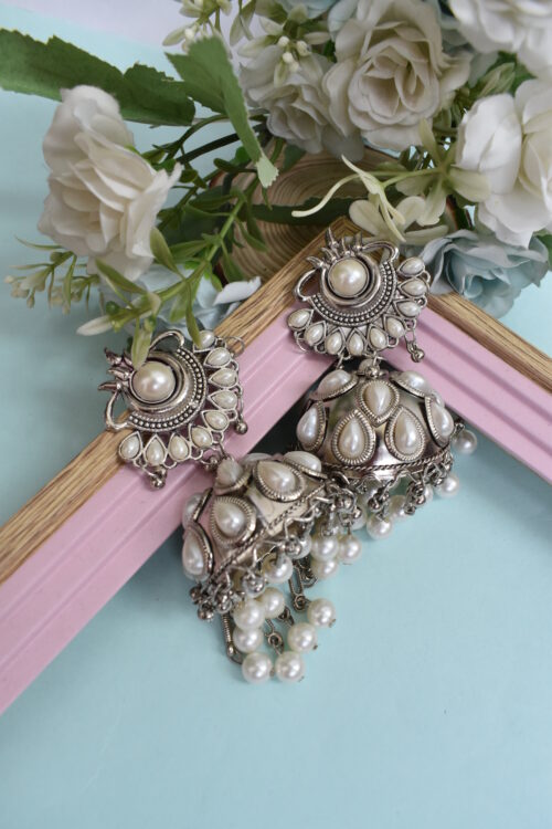 Traditional Big Oxidised Silver Pearl Jhumka Earrings