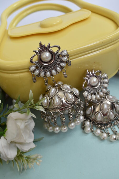 Traditional Big Oxidised Silver Pearl Jhumka Earrings