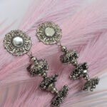 Beautiful German Silver Oxidised Chandelier Long Layered Jhumka Earrings
