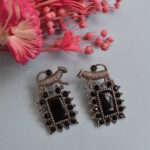 Brass Oxidized German Silver Studs With Tiger Design And Monalisa Stone