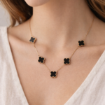 Chain Necklace With Black Onyx Clovers